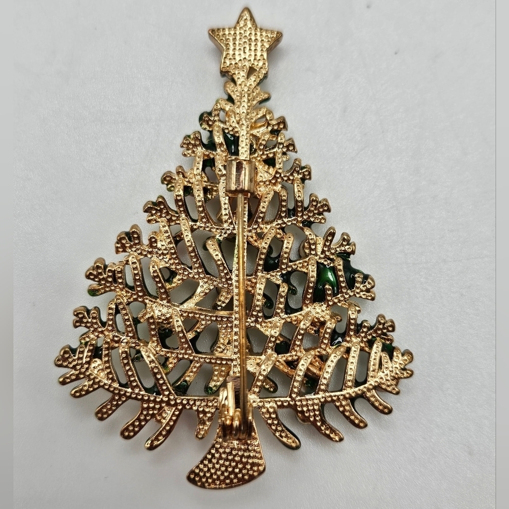 Colorful Rhinestone Accent Christmas Tree Gold Tone Brooch Pin Holiday - Picture 5 of 6